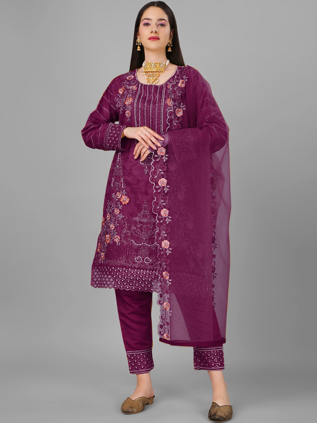 

Angroop Floral Embroidered Regular Thread Work Kurta with Trousers & With Dupatta, Purple
