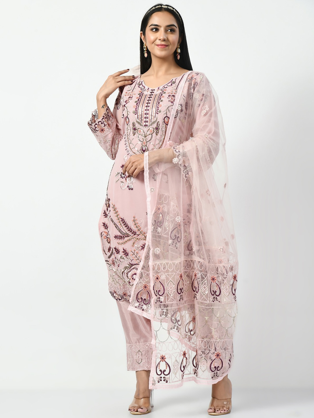 

Angroop Floral Embroidered Sequinned Straight Kurta with Trousers & Dupatta, Pink