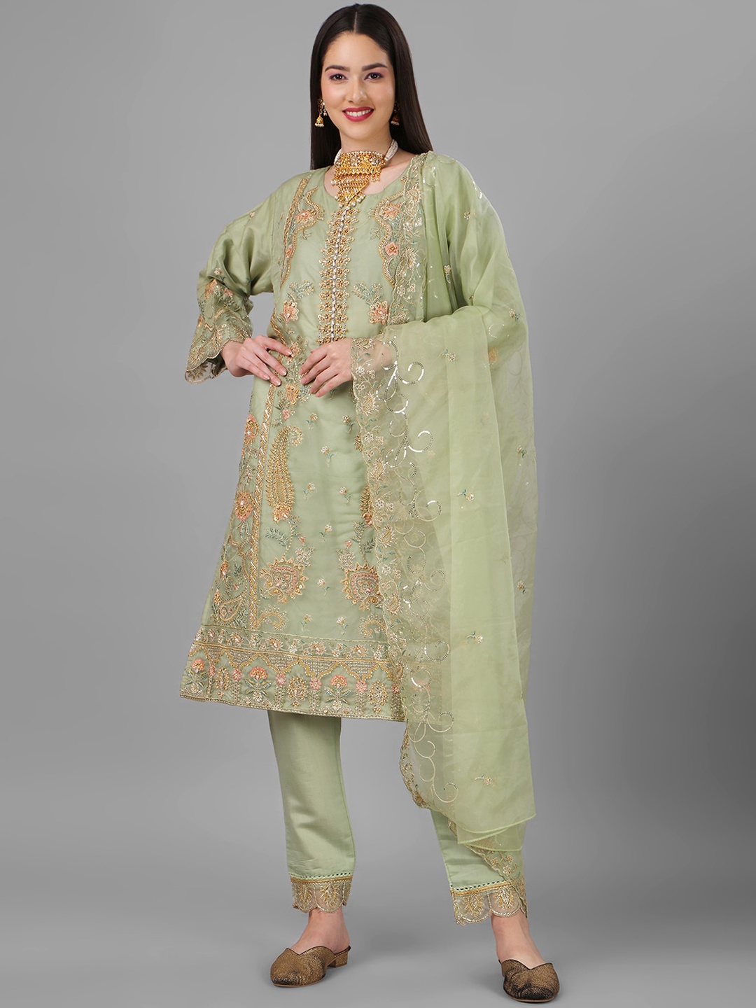 

Angroop Ethnic Motifs Embroidered Semi-Stitched Organza Dress Material, Green
