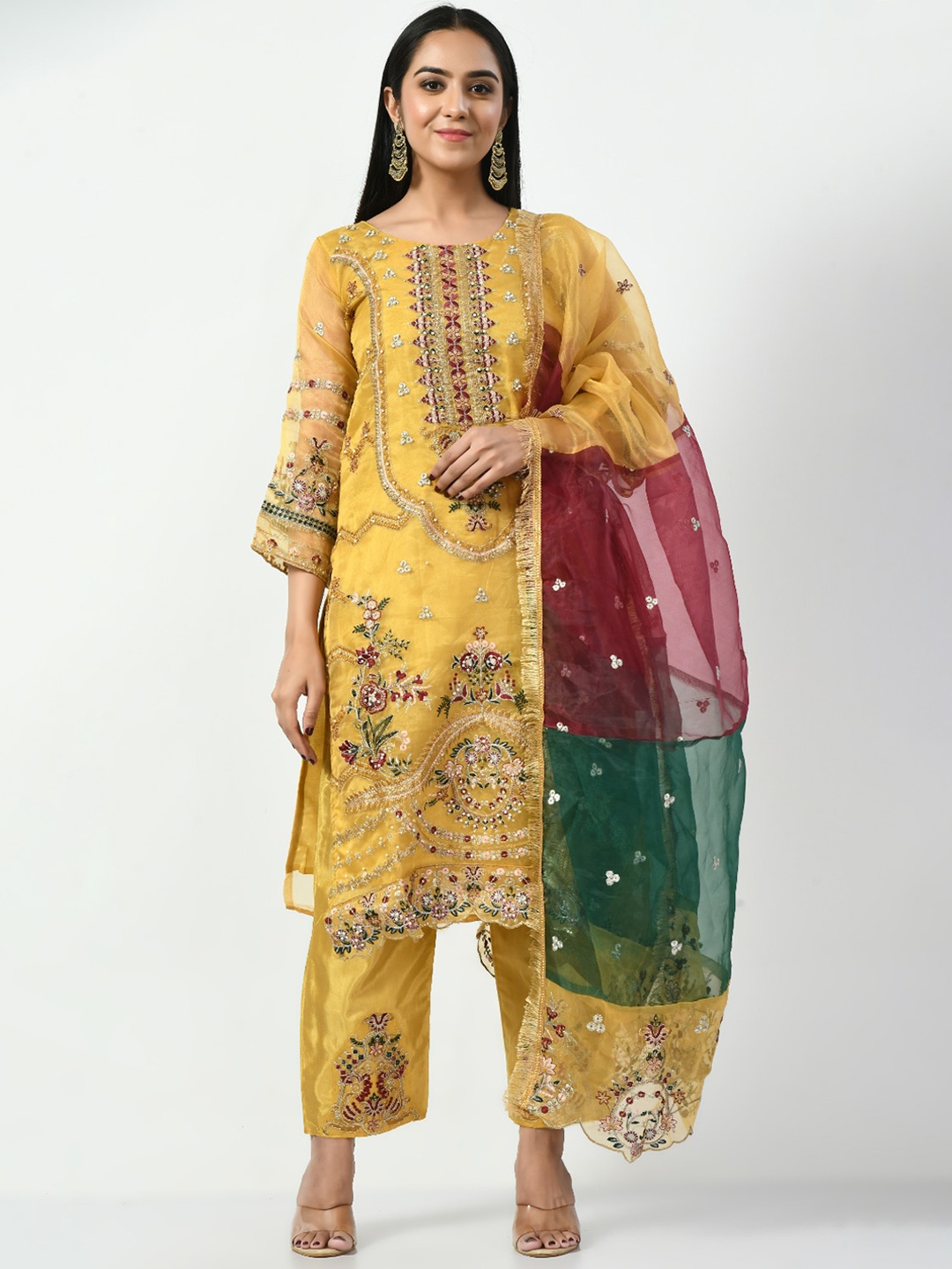 

Angroop Ethnic Motifs Embroidered Regular Aari Work Kurta with Trousers & Dupatta, Yellow