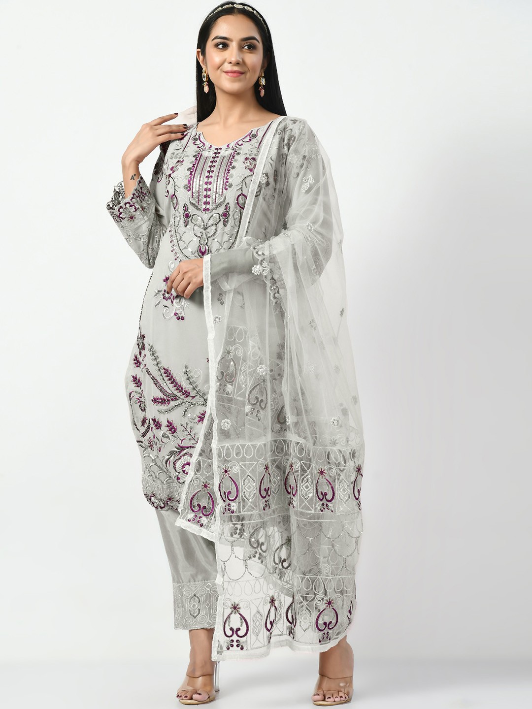 

Angroop Women Off White Ethnic Motifs Embroidered Regular Thread Work Kurta with Trousers & With Dupatta
