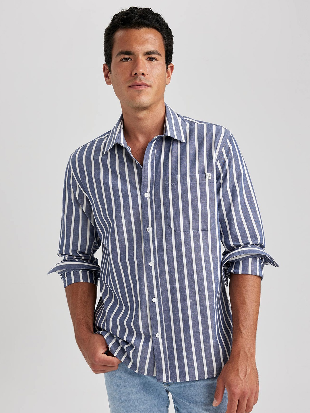 

DeFacto Opaque Striped Cotton Linen Casual Shirt, Grey