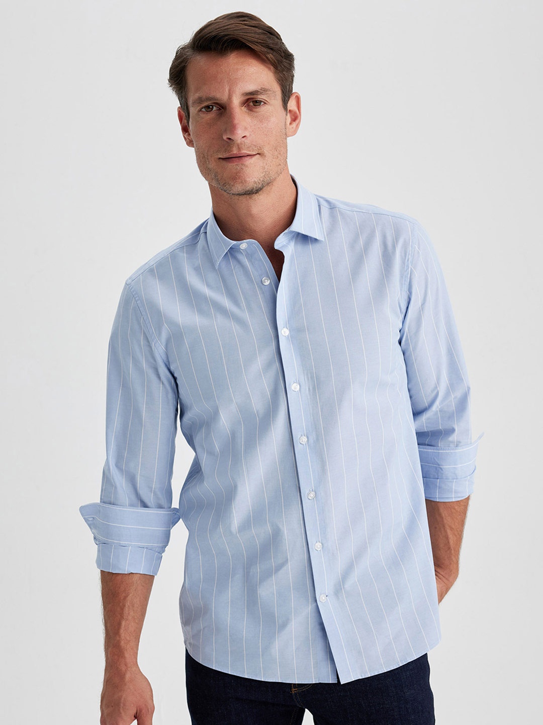

DeFacto Opaque Vertical Striped Pure Cotton Casual Shirt, Blue