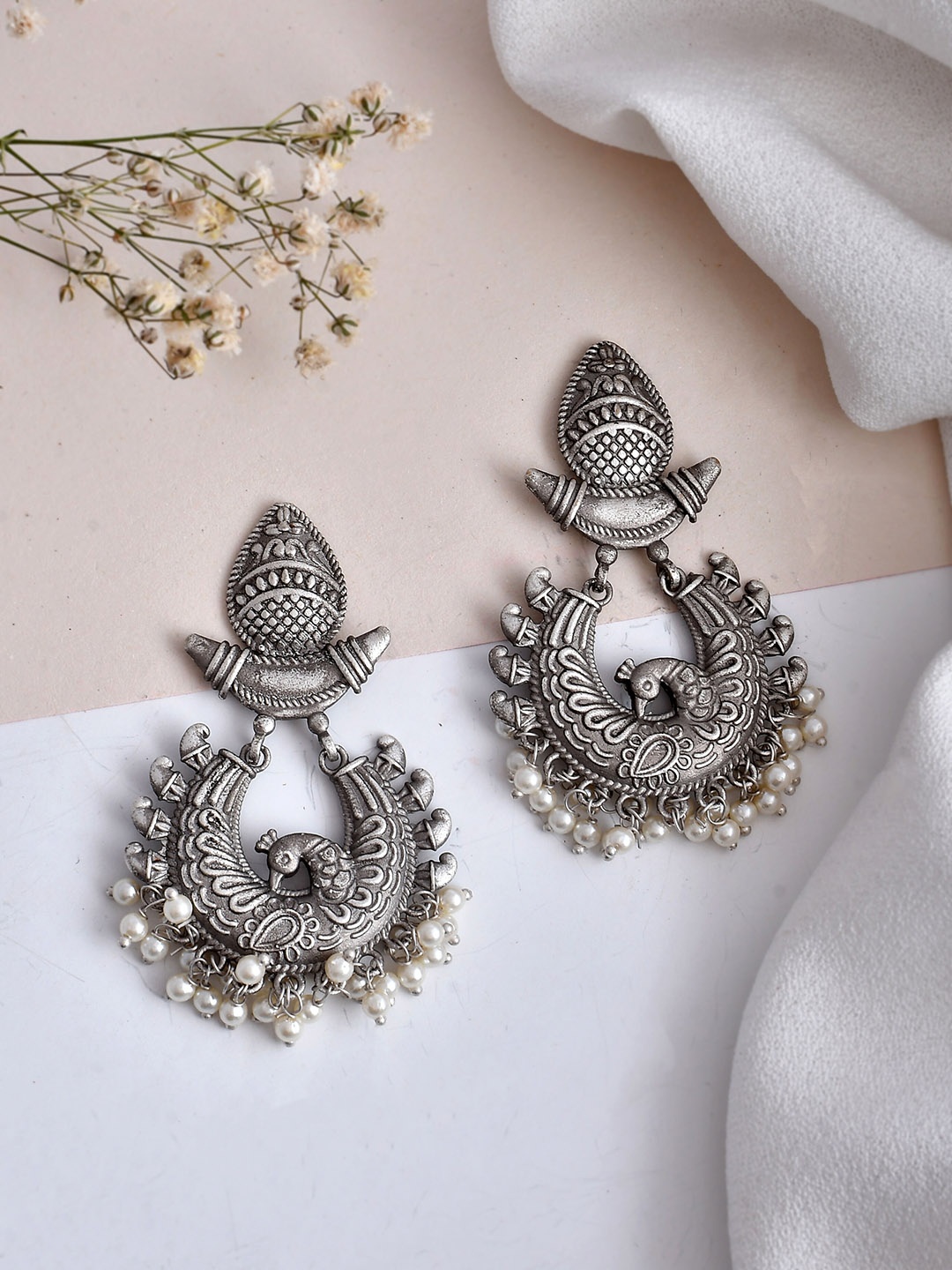 

DASTOOR Silver-Plated Beaded Oxidised Drop Earrings