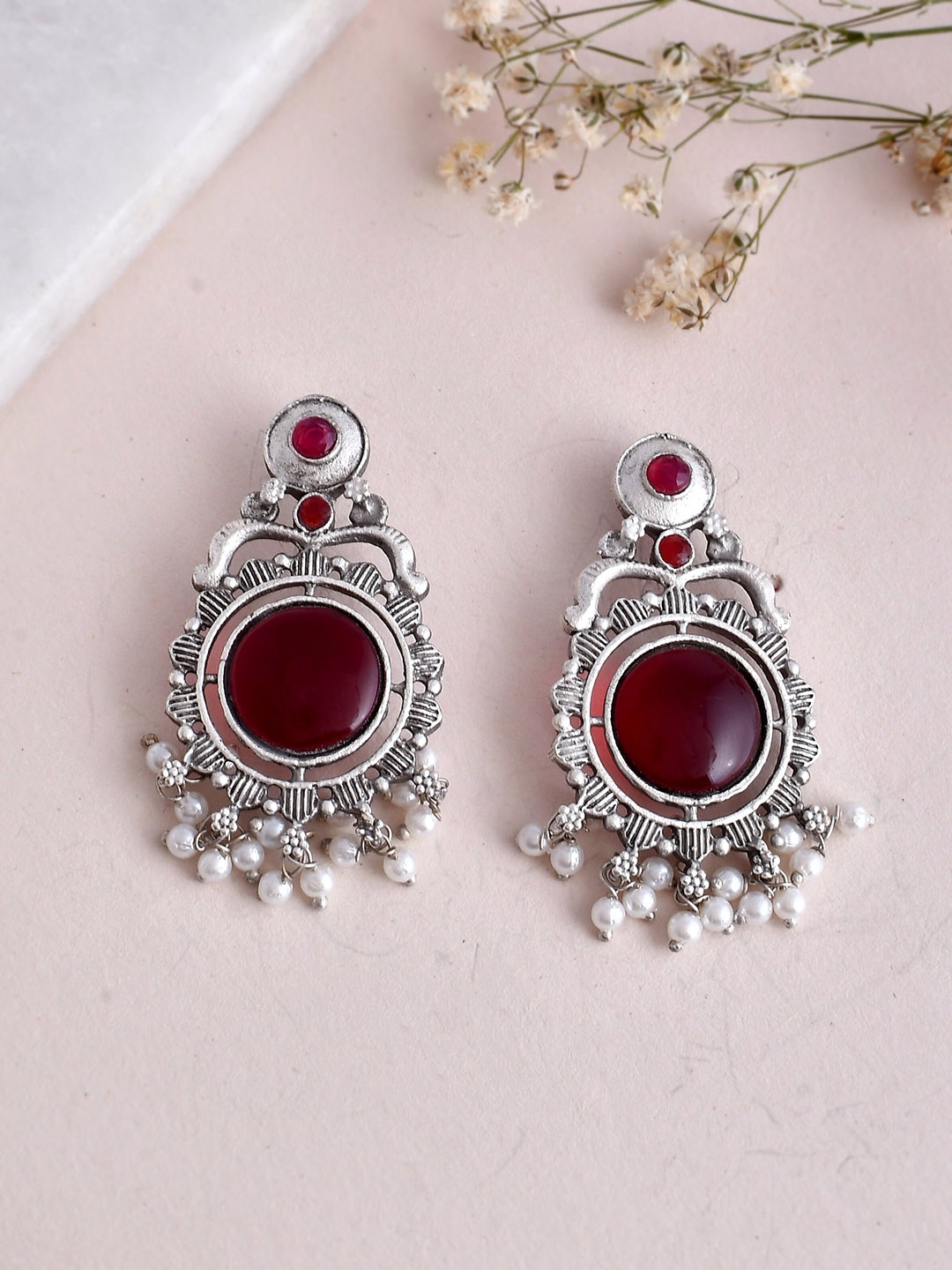 

DASTOOR Silver-Plated Stone-Studded & Beaded Oxidised Drop Earrings