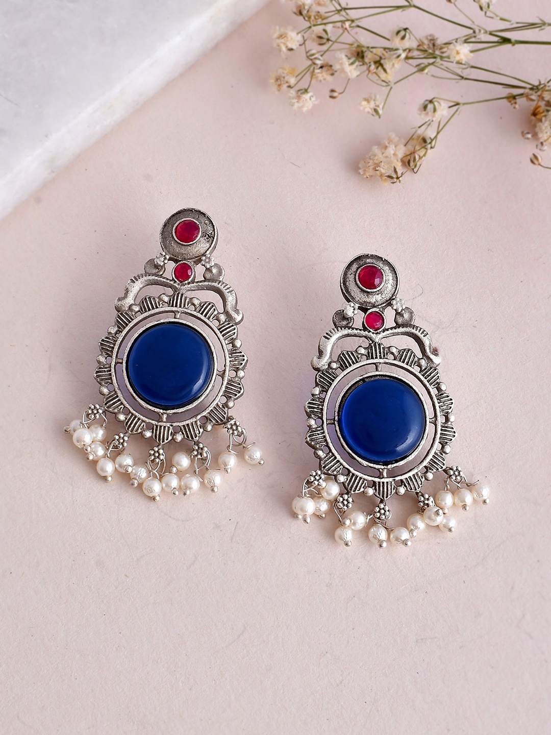 

DASTOOR Silver-Plated Stone-Studded & Beaded Oxidised Drop Earrings