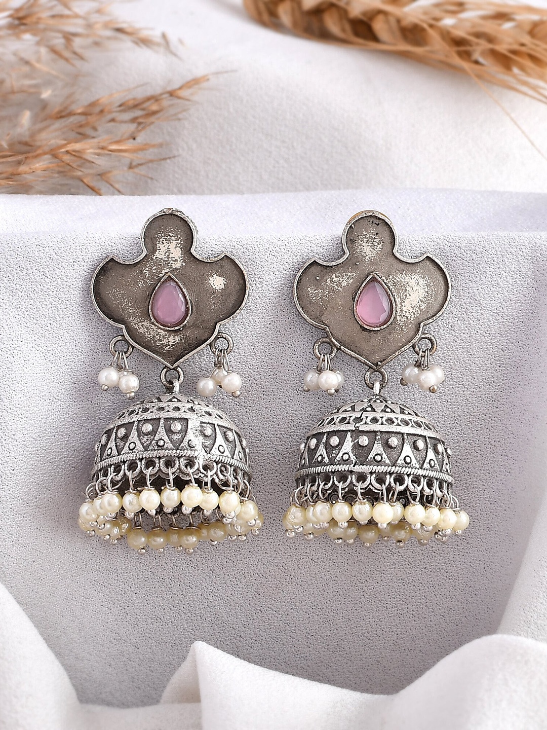 

DASTOOR Silver-Plated Dome Shaped Jhumkas