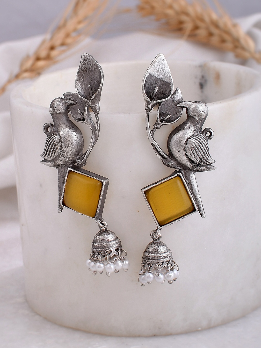 

DASTOOR Silver-Plated Stone-Studded & Beaded Oxidised Jhumkas