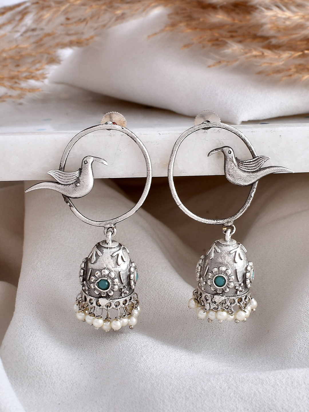 

DASTOOR Silver-Plated Stone-Studded & Beaded Oxidised Jhumkas