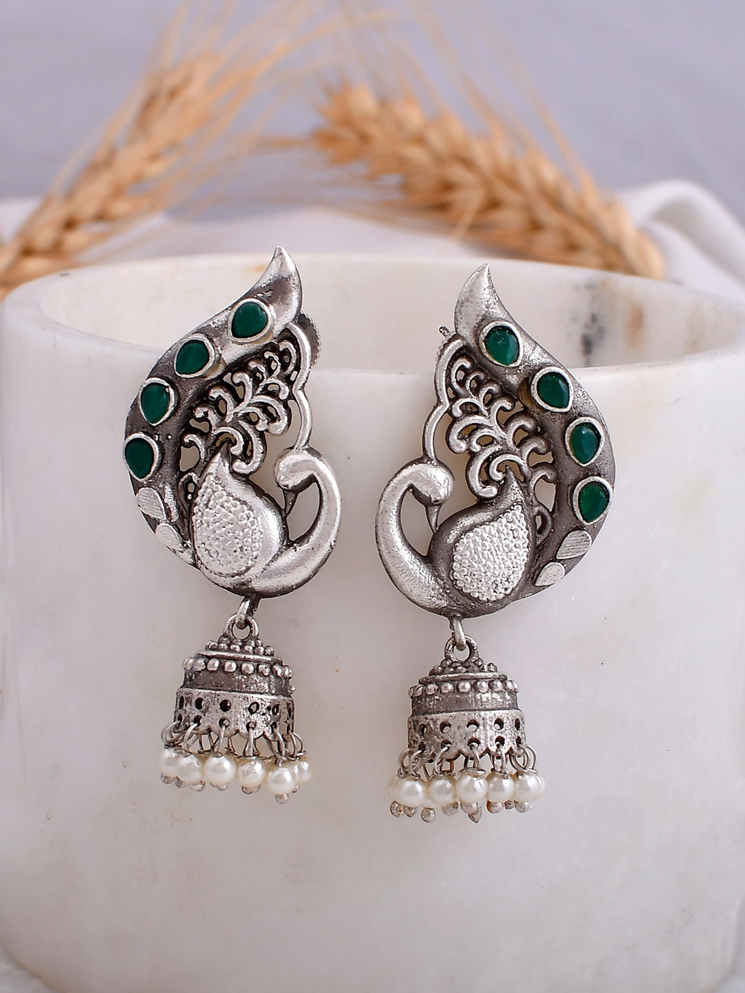 

DASTOOR Silver-Toned Contemporary Jhumkas Earrings