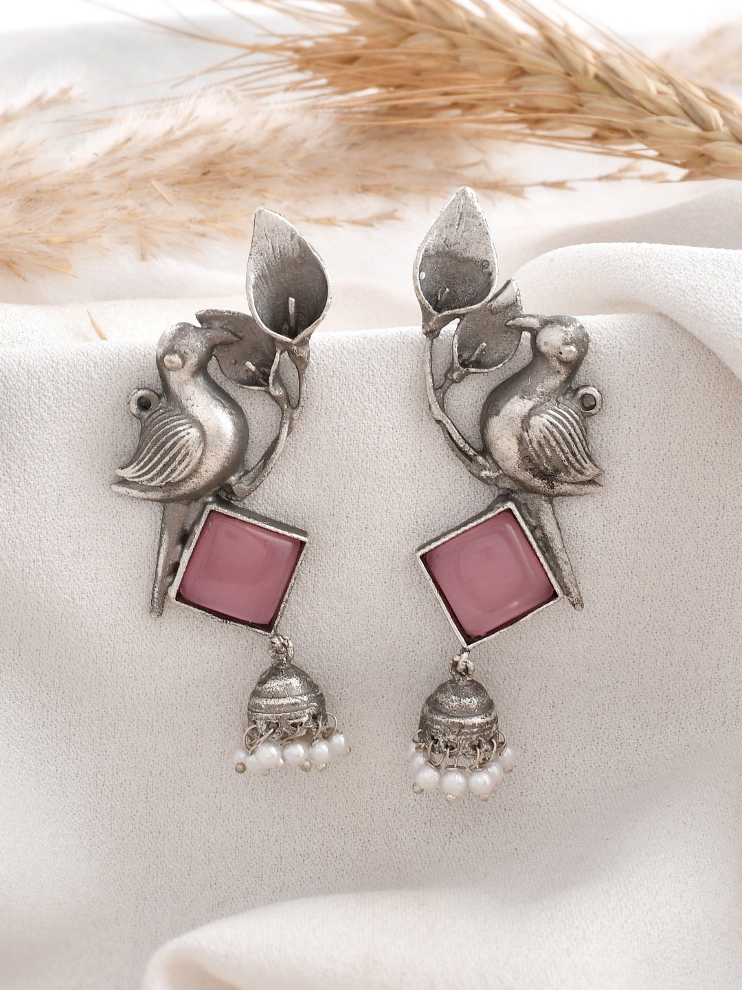 

DASTOOR Silver-Plated Stone-Studded & Beaded Oxidised Jhumkas