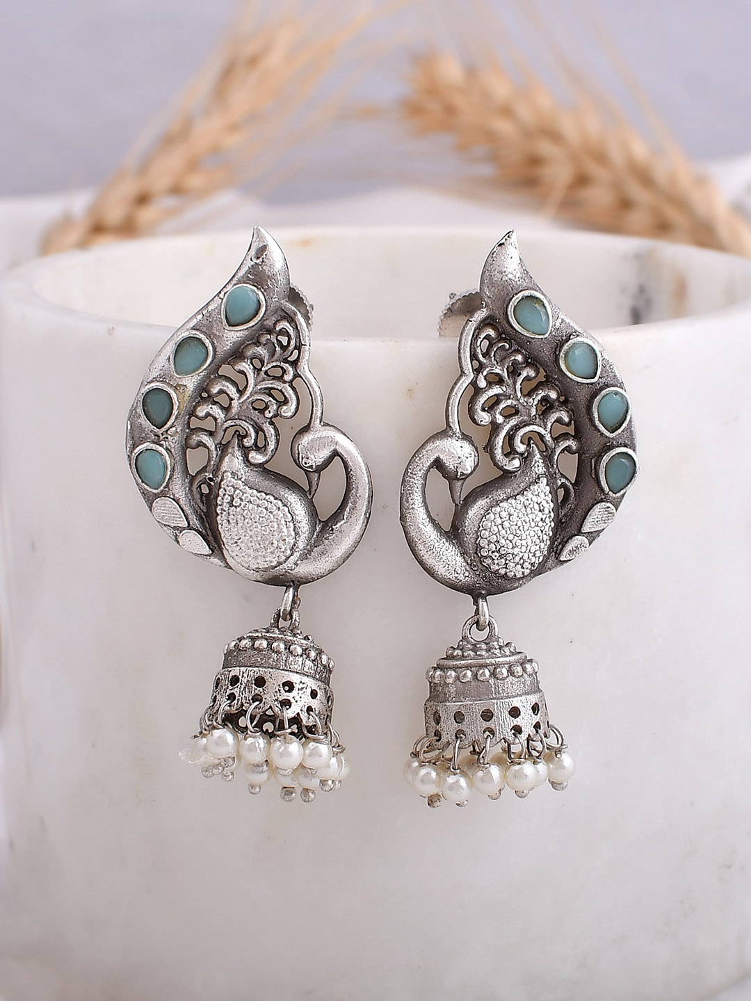 

DASTOOR Silver-Plated Beaded Contemporary Jhumkas