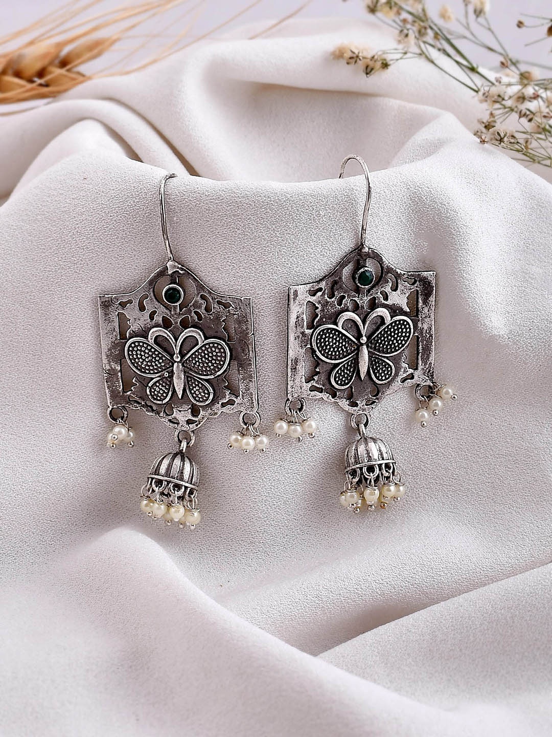 

DASTOOR Silver-Plated Contemporary Oxidised Beaded Drop Earrings