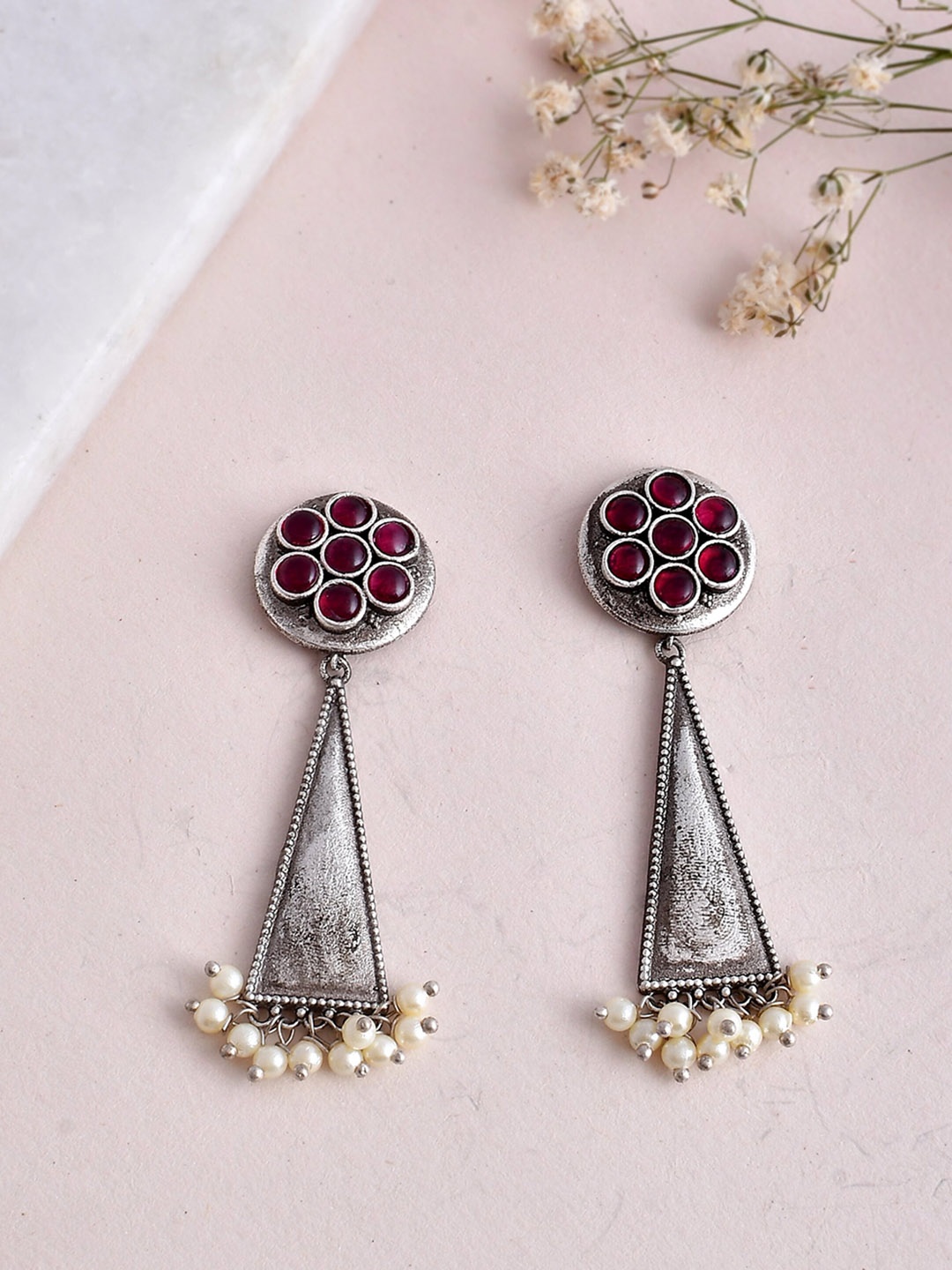 

DASTOOR Silver-Plated Stone-Studded & Beaded Oxidised Drop Earrings
