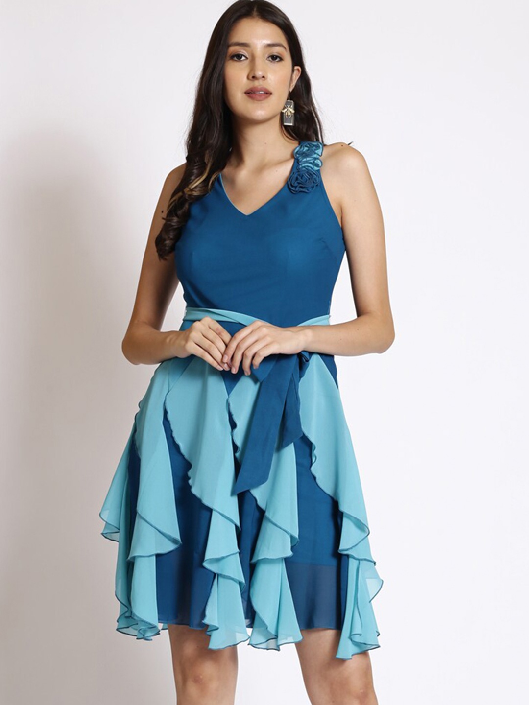

250 DESIGNS Sleeveless Ruffles Georgette Fit & Flare Dress, Blue
