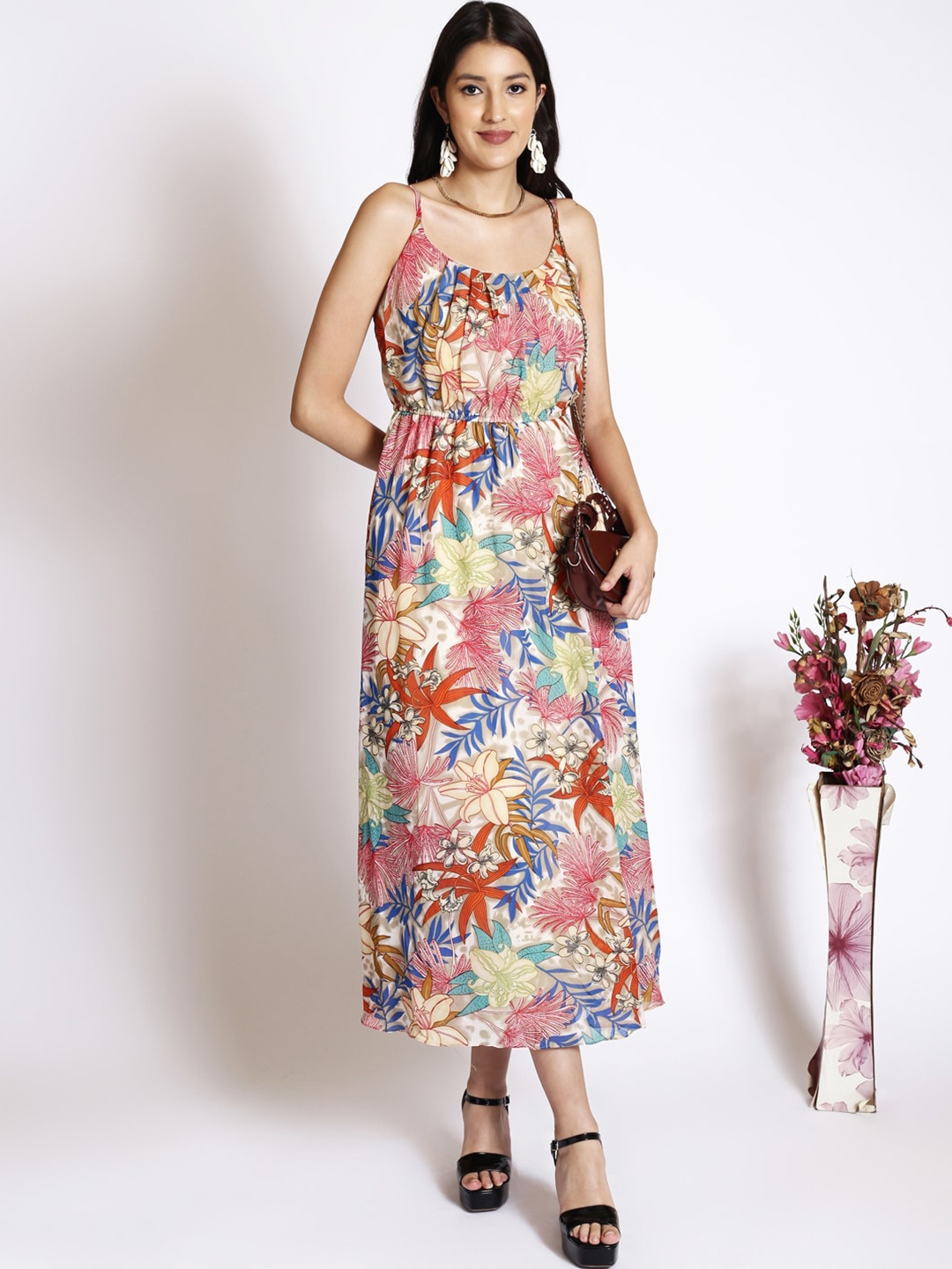 250 DESIGNS Floral Printed Shoulder Straps Gathered Maxi Dress, Off white