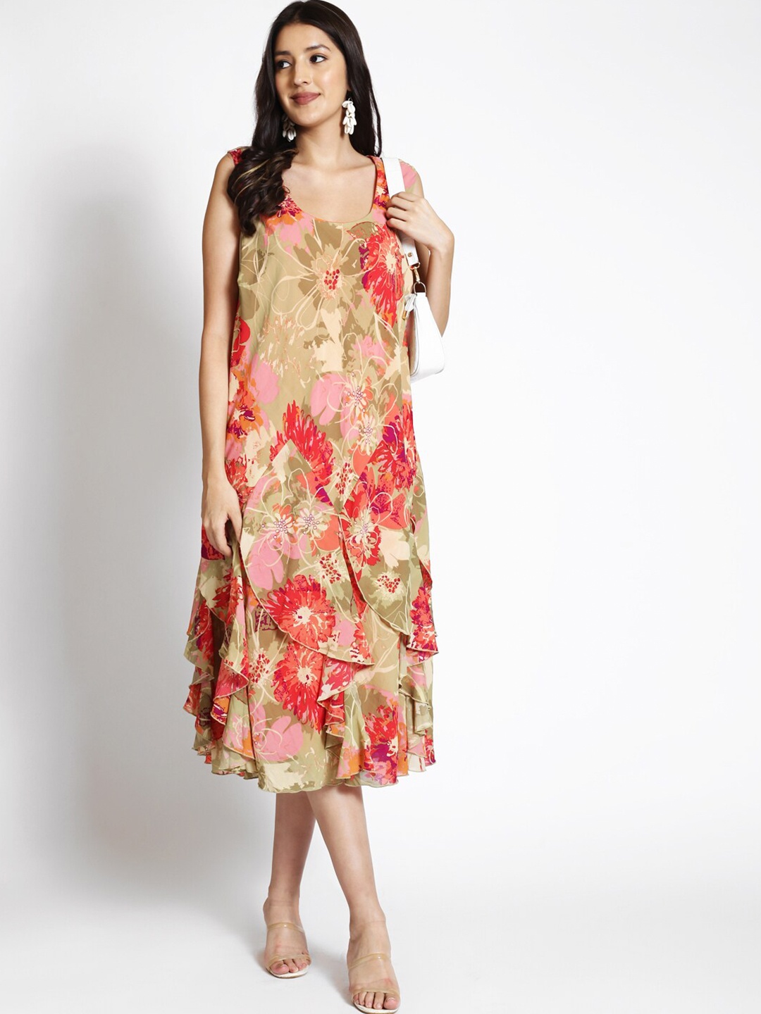 

250 DESIGNS Floral Printed Asymmetric Hem A-Line Midi Dress, Green