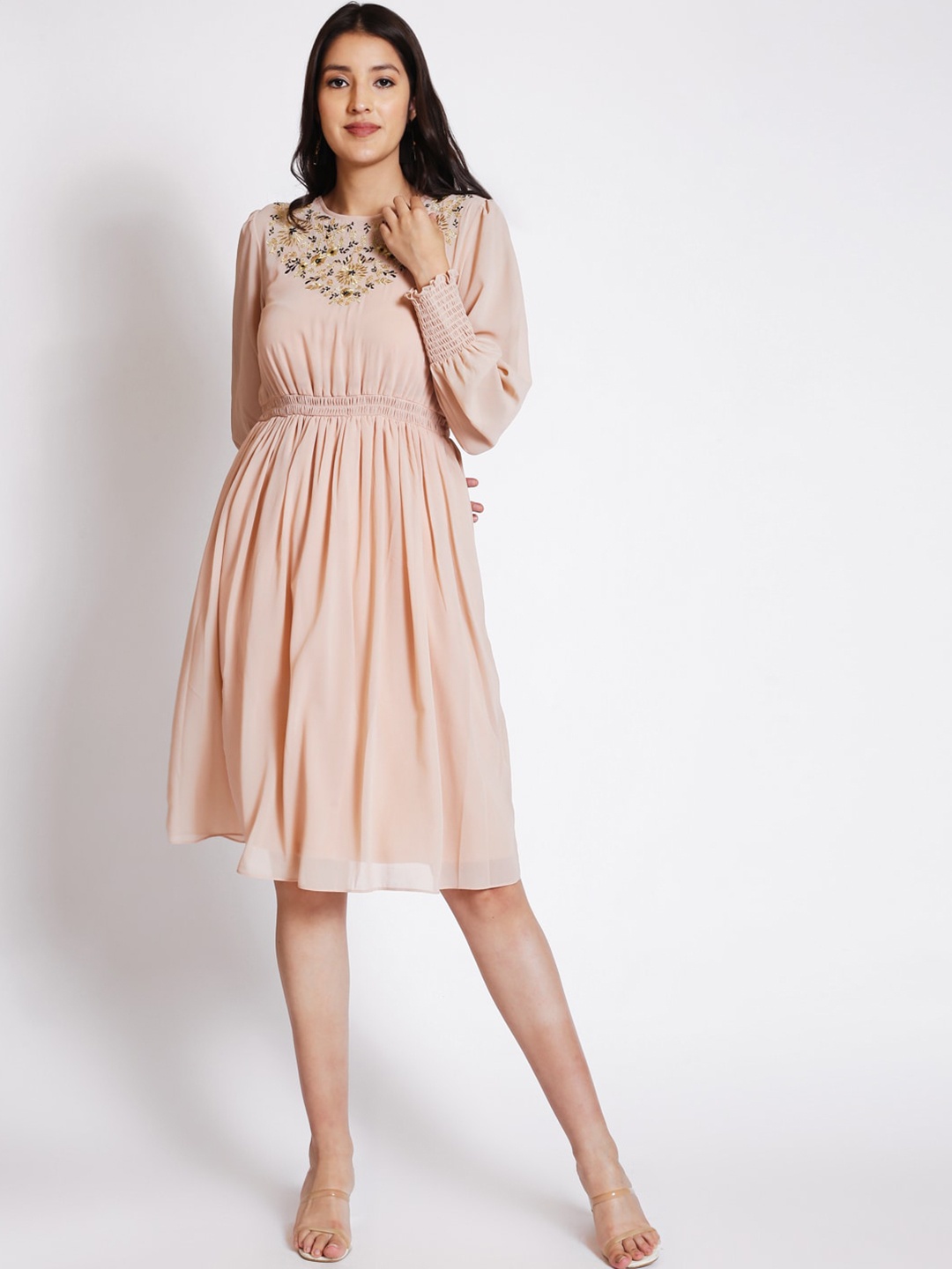 

250 DESIGNS Puff Sleeves Embroidered Fit & Flare Dress, Peach