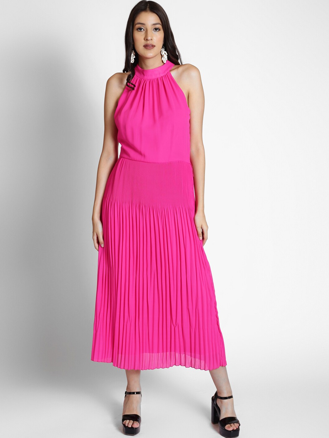 

250 DESIGNS Halter Neck Georgette Pleated A-line Midi Dress, Pink