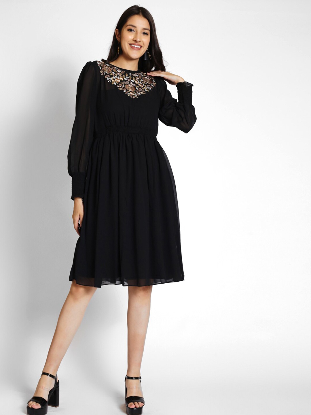 

250 DESIGNS Puff Sleeves Embroidered Fit & Flare Dress, Black