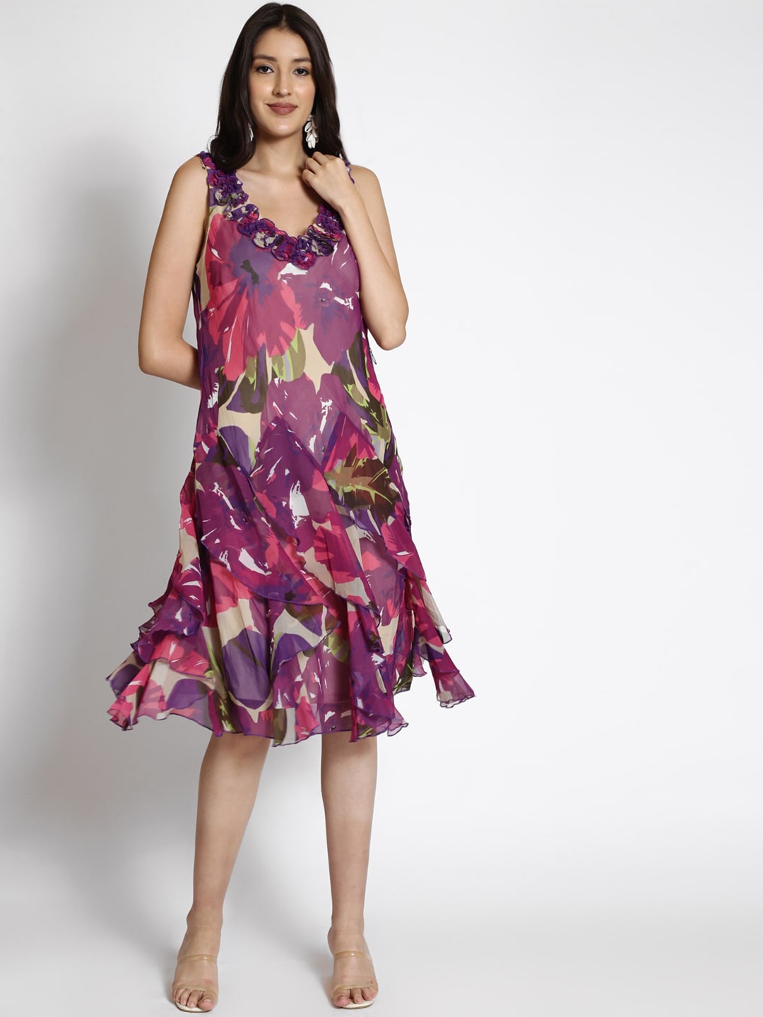 

250 DESIGNS Floral Print Georgette A-Line Dress, Purple