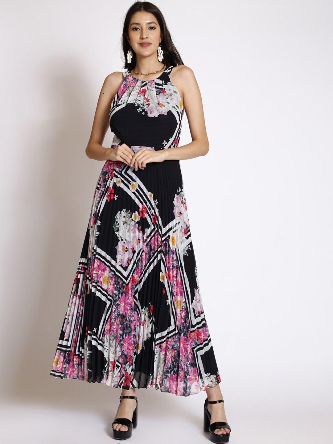 

250 DESIGNS Floral Printed Shoulder Straps Pleated Maxi Dress, Black