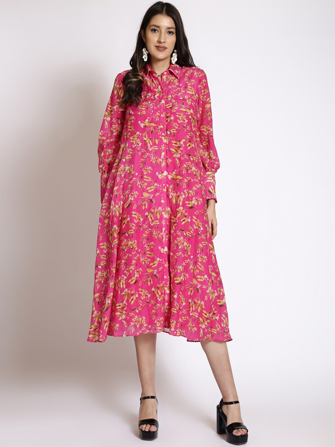 

250 DESIGNS Floral Print Georgette Shirt Midi Dress, Pink