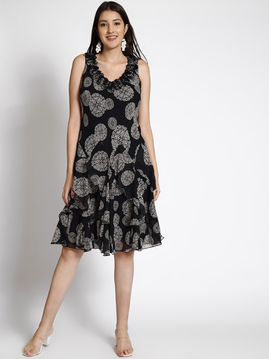 

250 DESIGNS Ethnic Motifs Printed Layered Fit & Flare Dress, Black