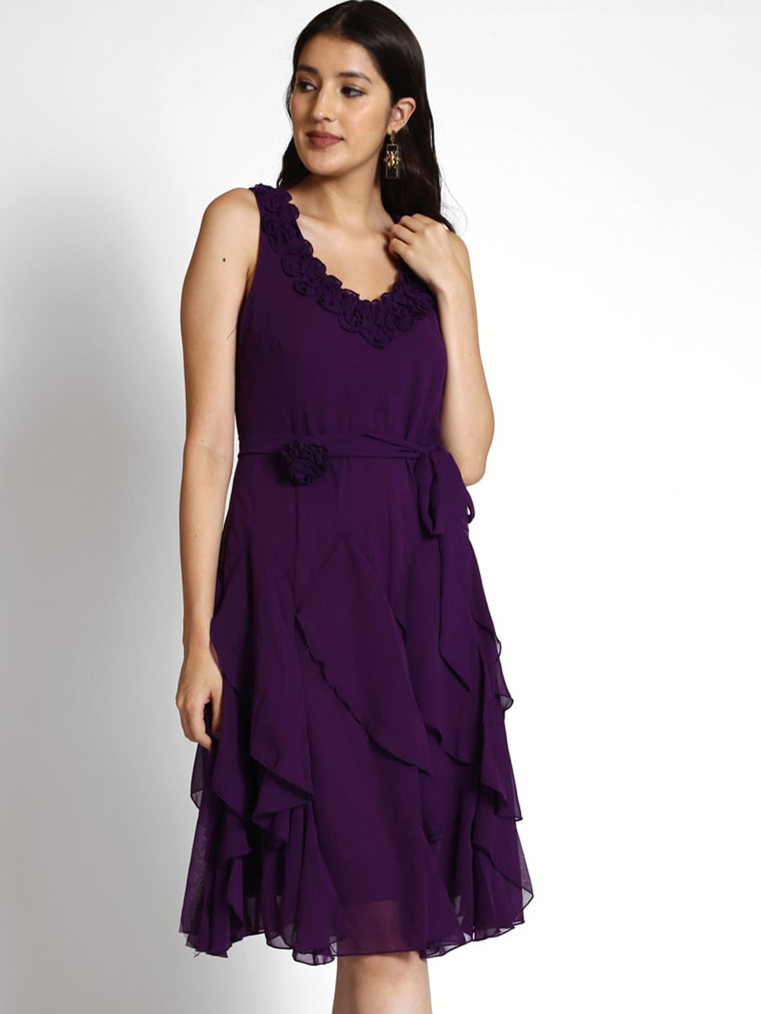 

250 DESIGNS V-Neck Asymmetric Hem Fit & Flare Dress, Purple