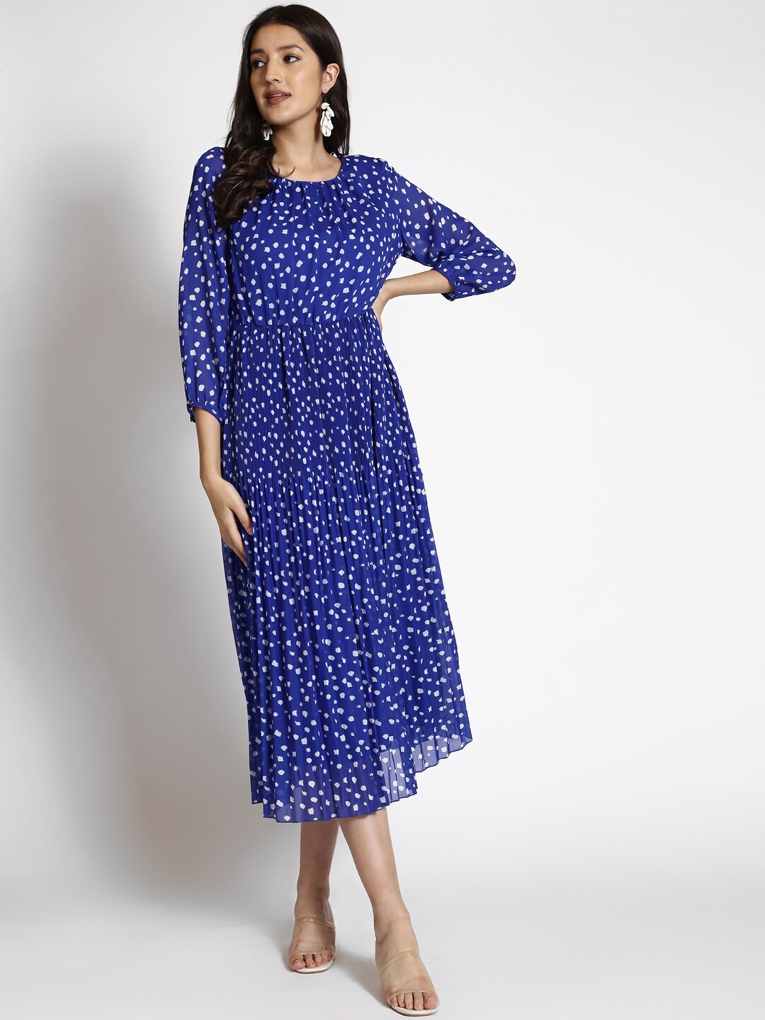 

250 DESIGNS Floral Printed Gathered Georgette Fit & Flare Midi Dress, Blue