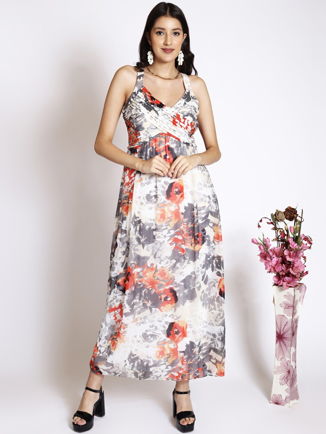 

250 DESIGNS Abstract Printed Shoulder Straps Gathered Maxi Dress, White