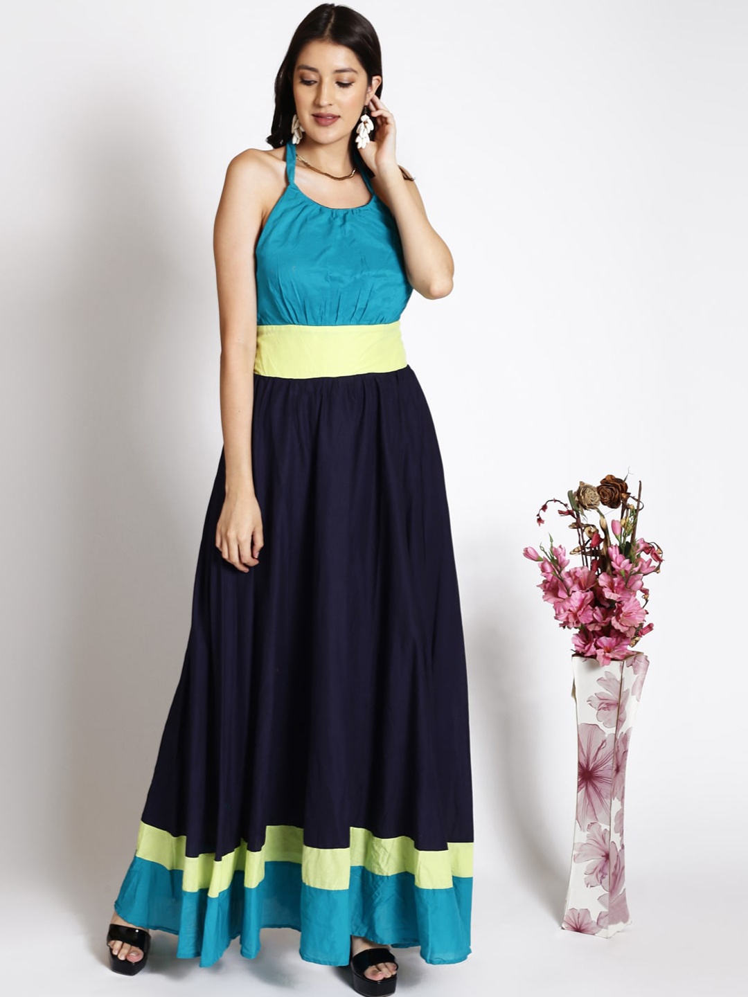 

250 DESIGNS Colourblocked Halter Neck Smocked Maxi Dress, Blue