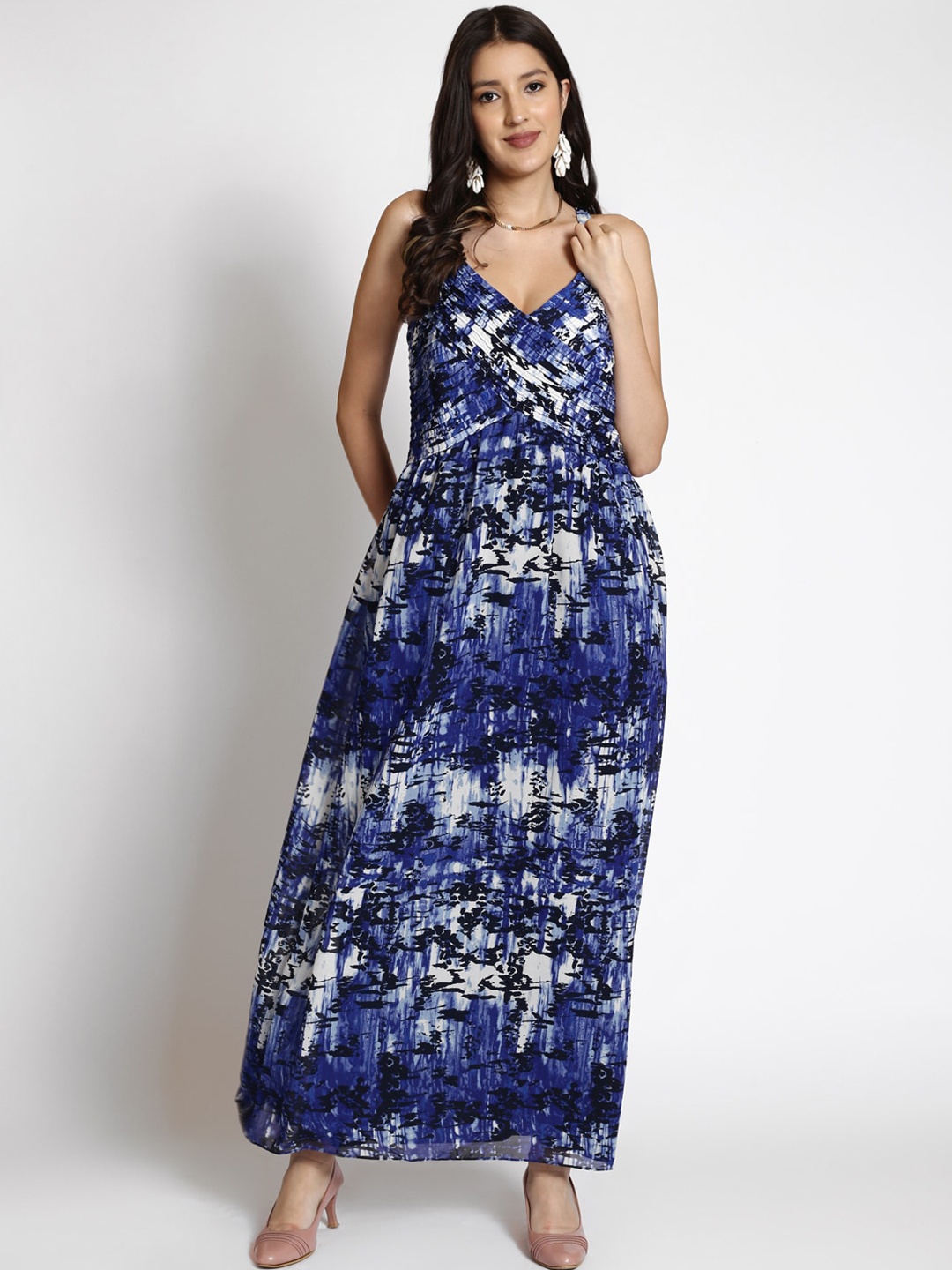 

250 DESIGNS Abstract Printed Shoulder Strap Neck Maxi Dress, Blue