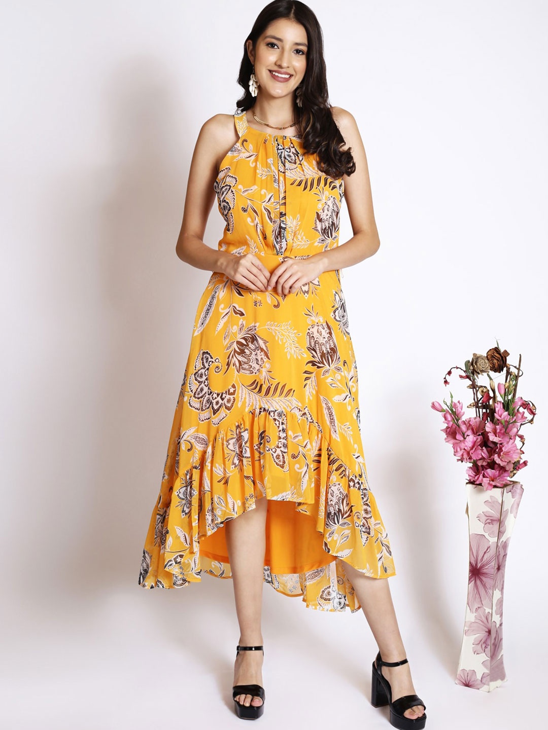 250 DESIGNS Floral Printed Cut-Out Detail Tiered A-Line Midi Dress, Yellow