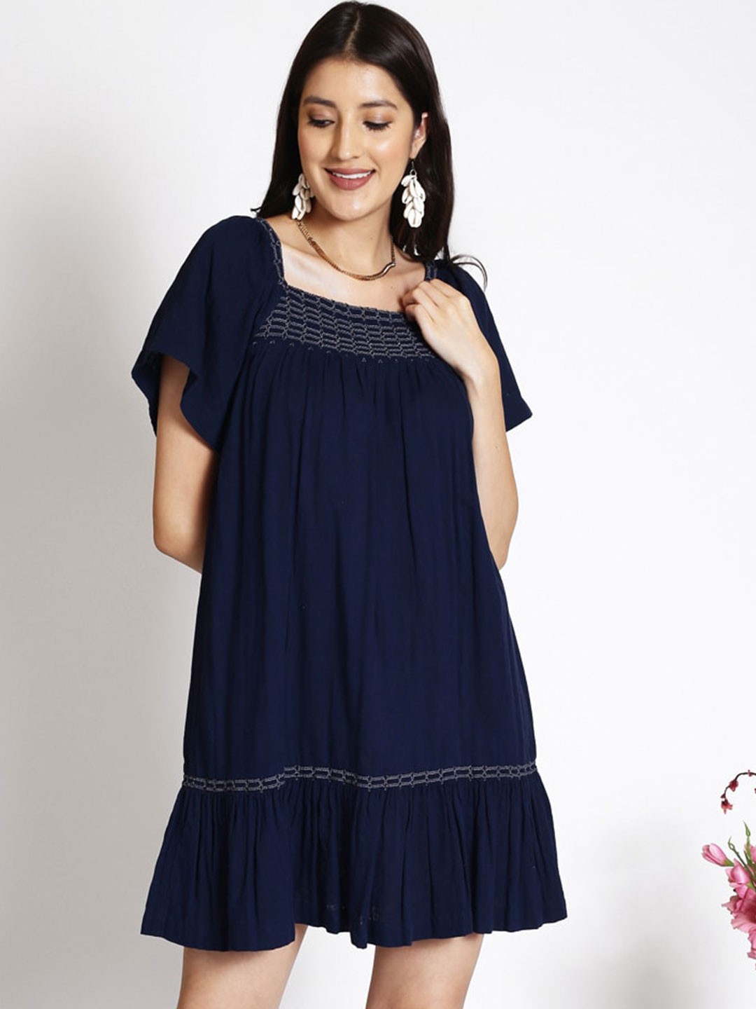

250 DESIGNS Square Neck A-Line Cotton Dress, Navy blue