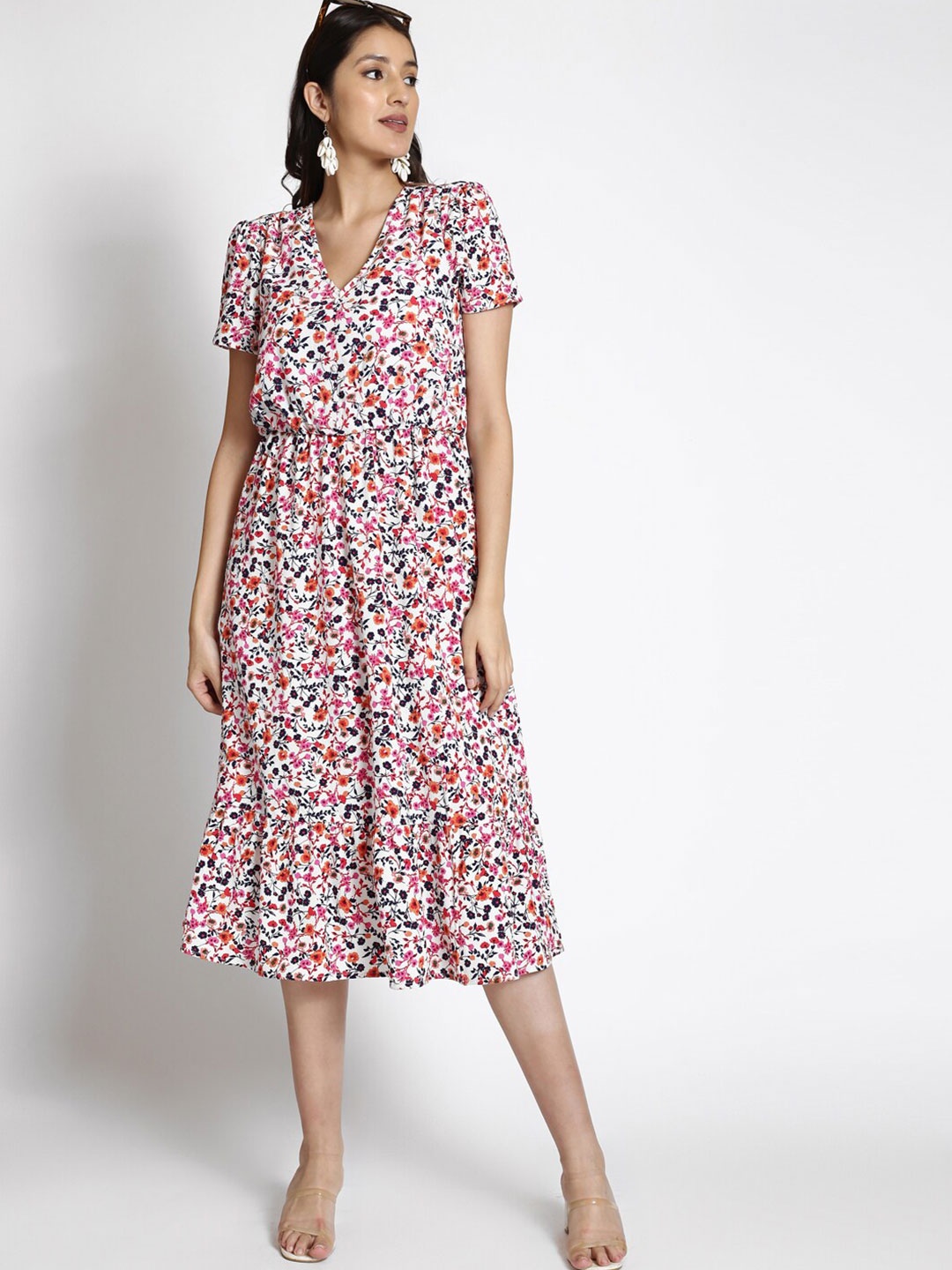250 DESIGNS Floral Printed V-Neck Georgette Midi Dress, White