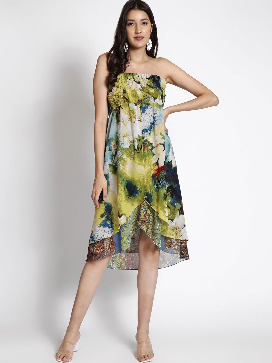 250 DESIGNS Abstract Printed Strapless Smocked A-Line Dress, Black
