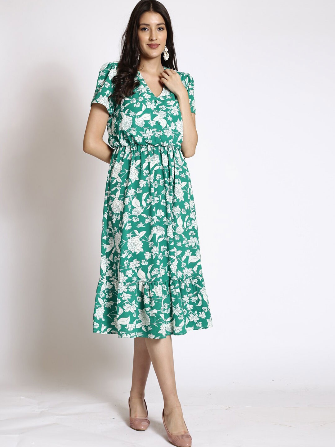

250 DESIGNS Floral Printed V-Neck Georgette Fit & Flare Midi Dress, Green