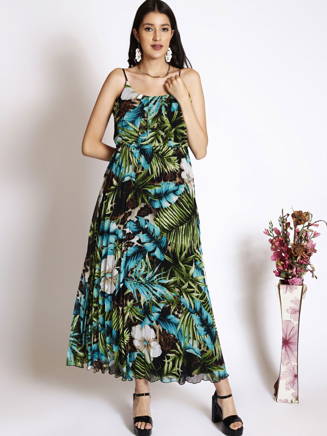 

250 DESIGNS Floral Printed Shoulder Strap Neck Pleated Maxi Dress, Green