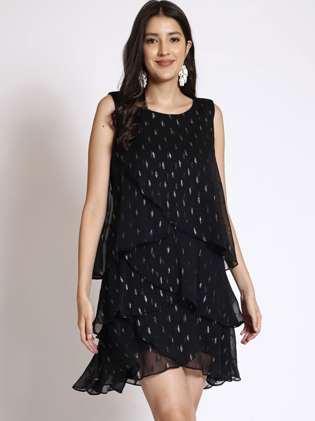 

250 DESIGNS Embroidered Layered Georgette A-Line Dress, Black