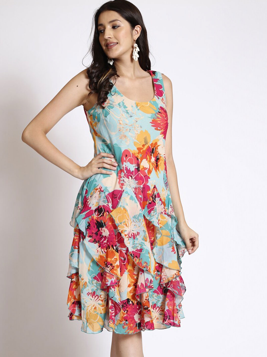 

250 DESIGNS Floral Printed Ruffles Fit & Flare Dress, Blue