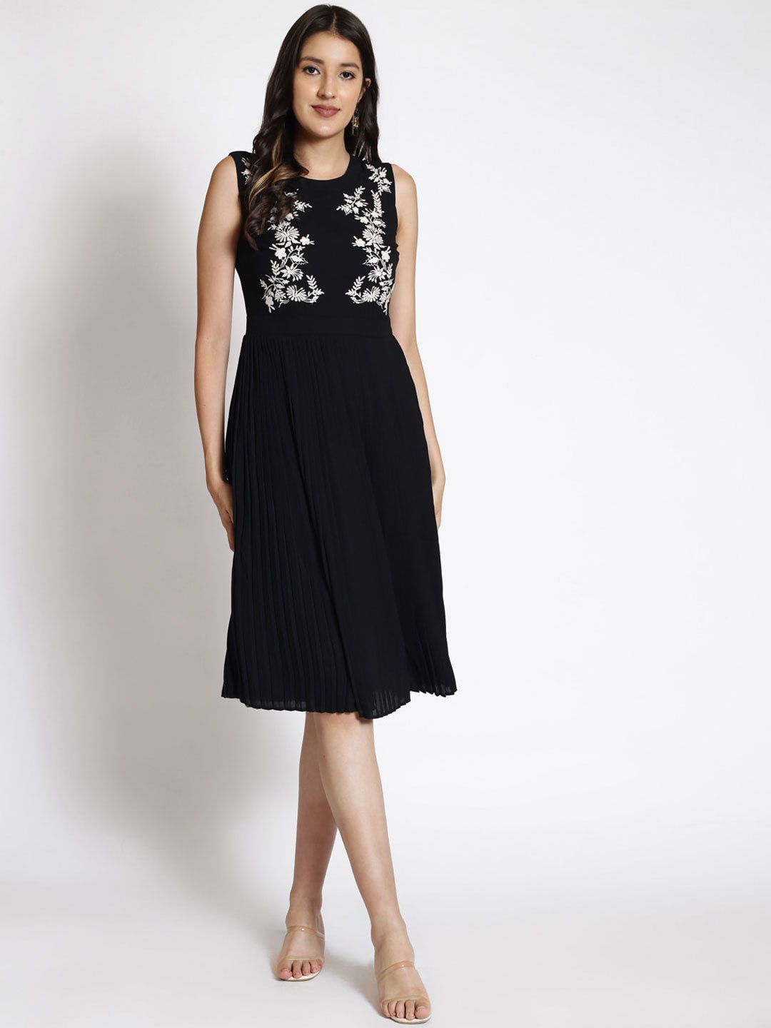 

250 DESIGNS Floral Embroidered Fit & Flare Dress, Black