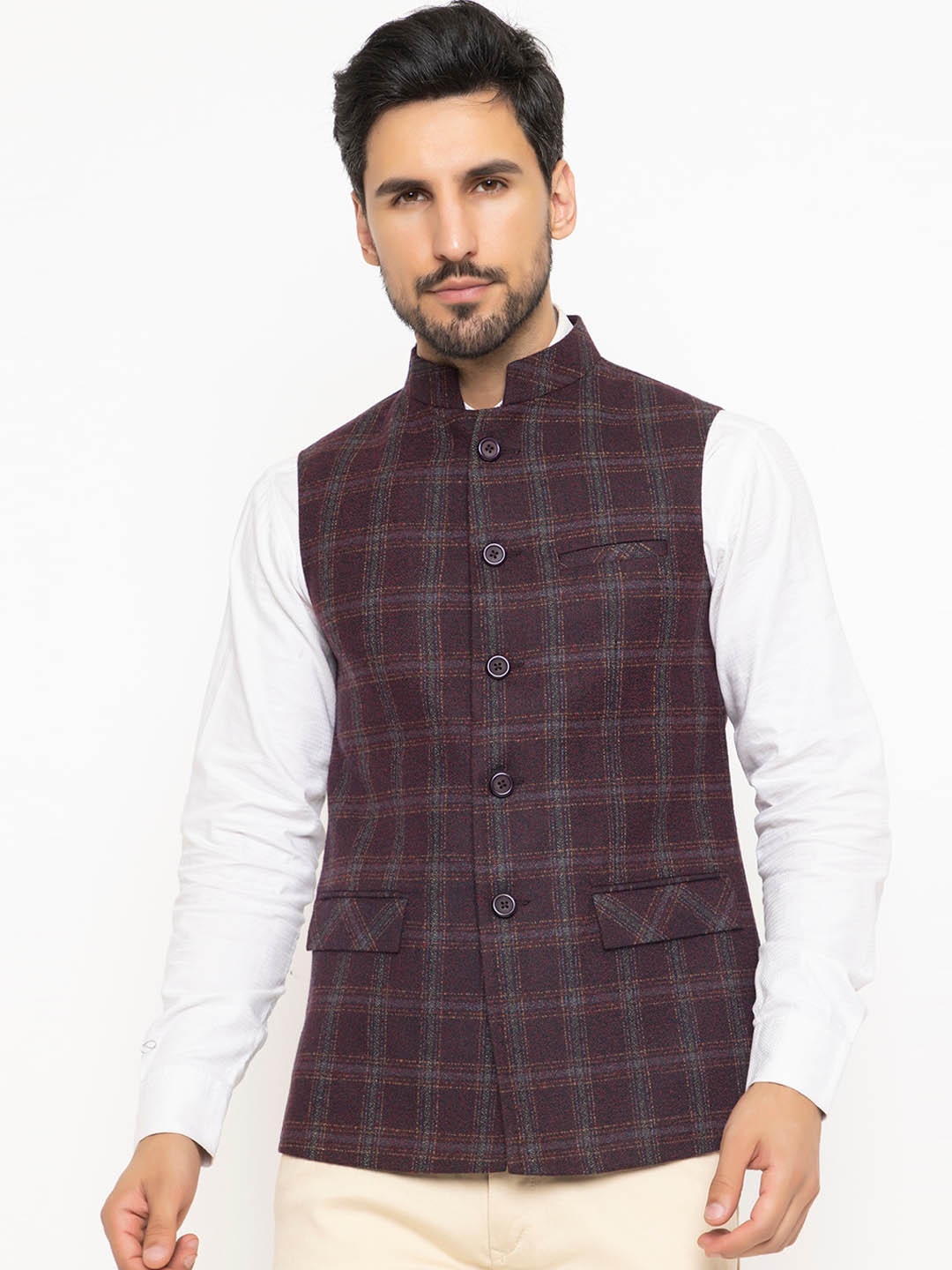 

Spirit Mandarin Collar Checked Nehru Jackets, Maroon