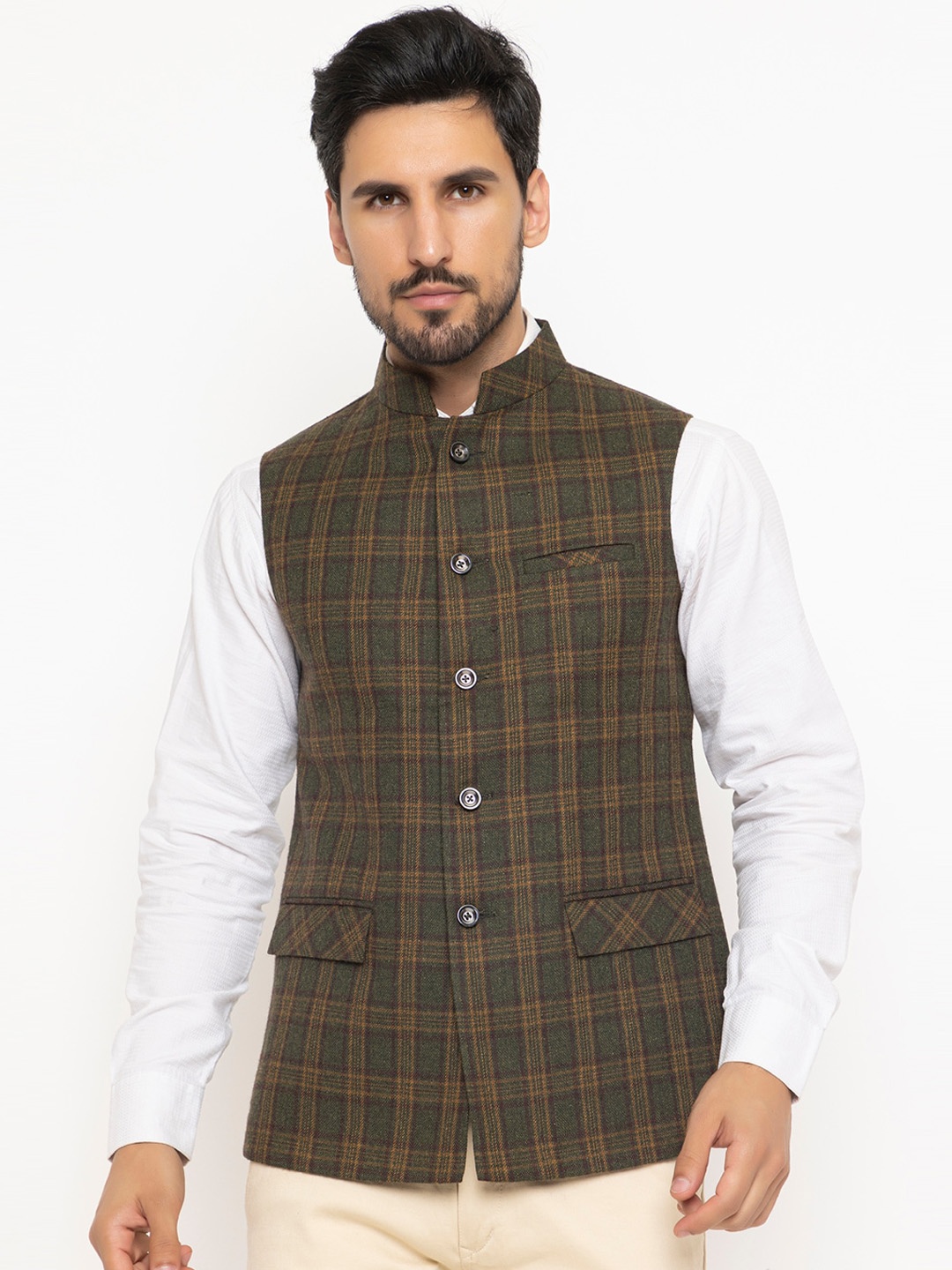 

Spirit Mandarin Collar Checked Nehru Jackets, Olive