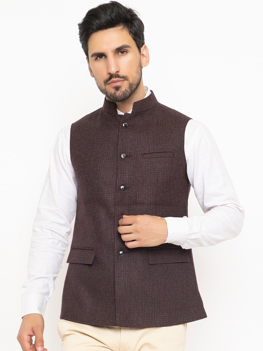 

Spirit Mandarin Collar Checked Nehru Jackets, Burgundy