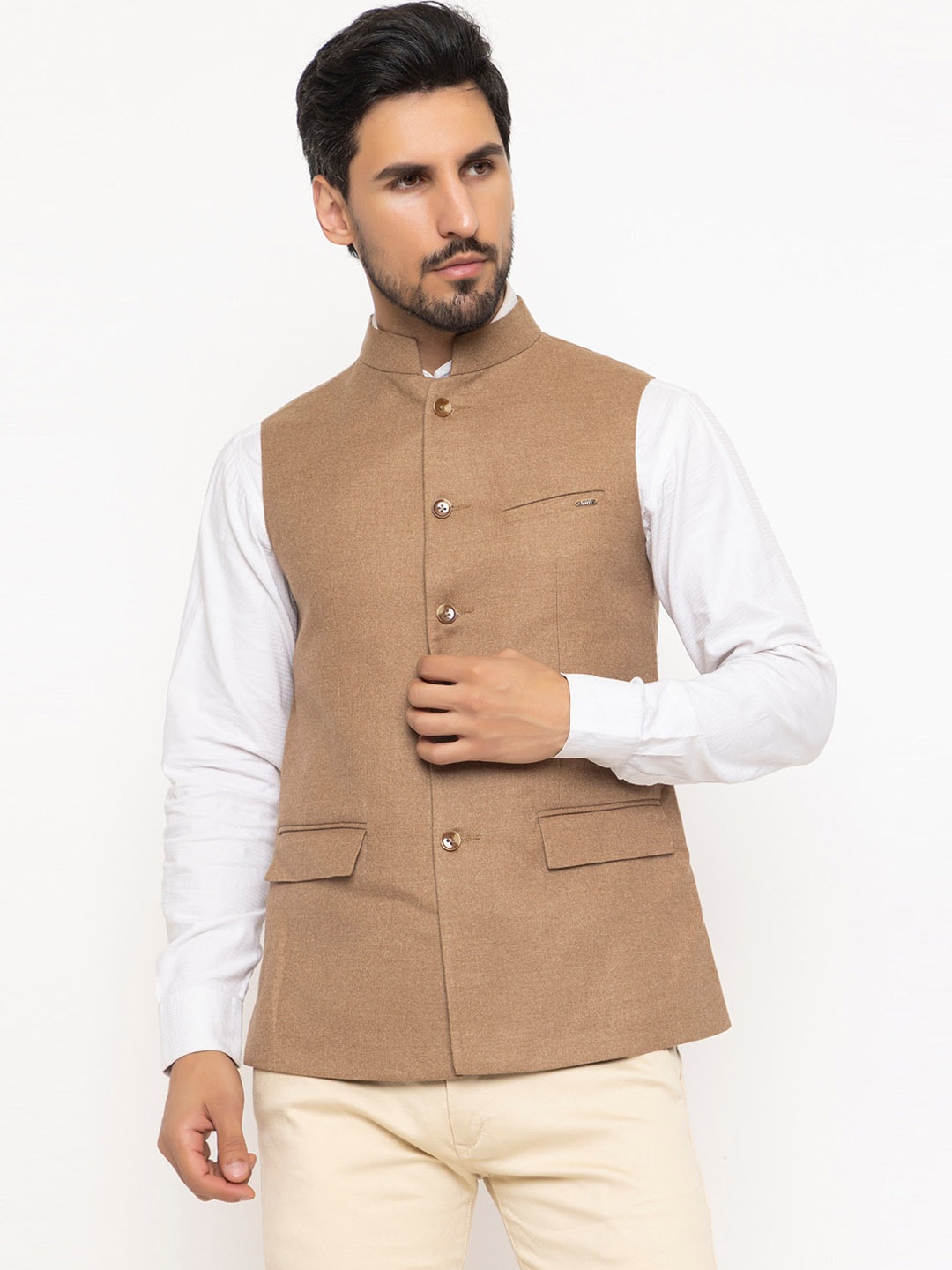 

Spirit Mandarin Collar Nehru Jackets, Beige