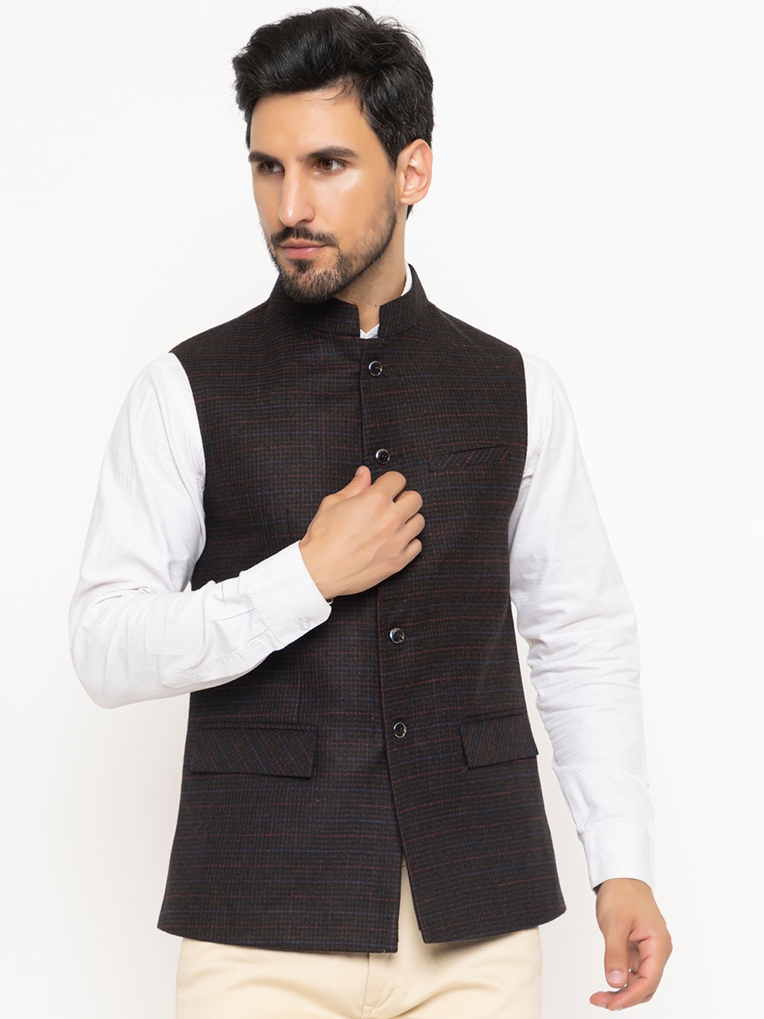 

Spirit Mandarin Collar Checked Nehru Jackets, Brown