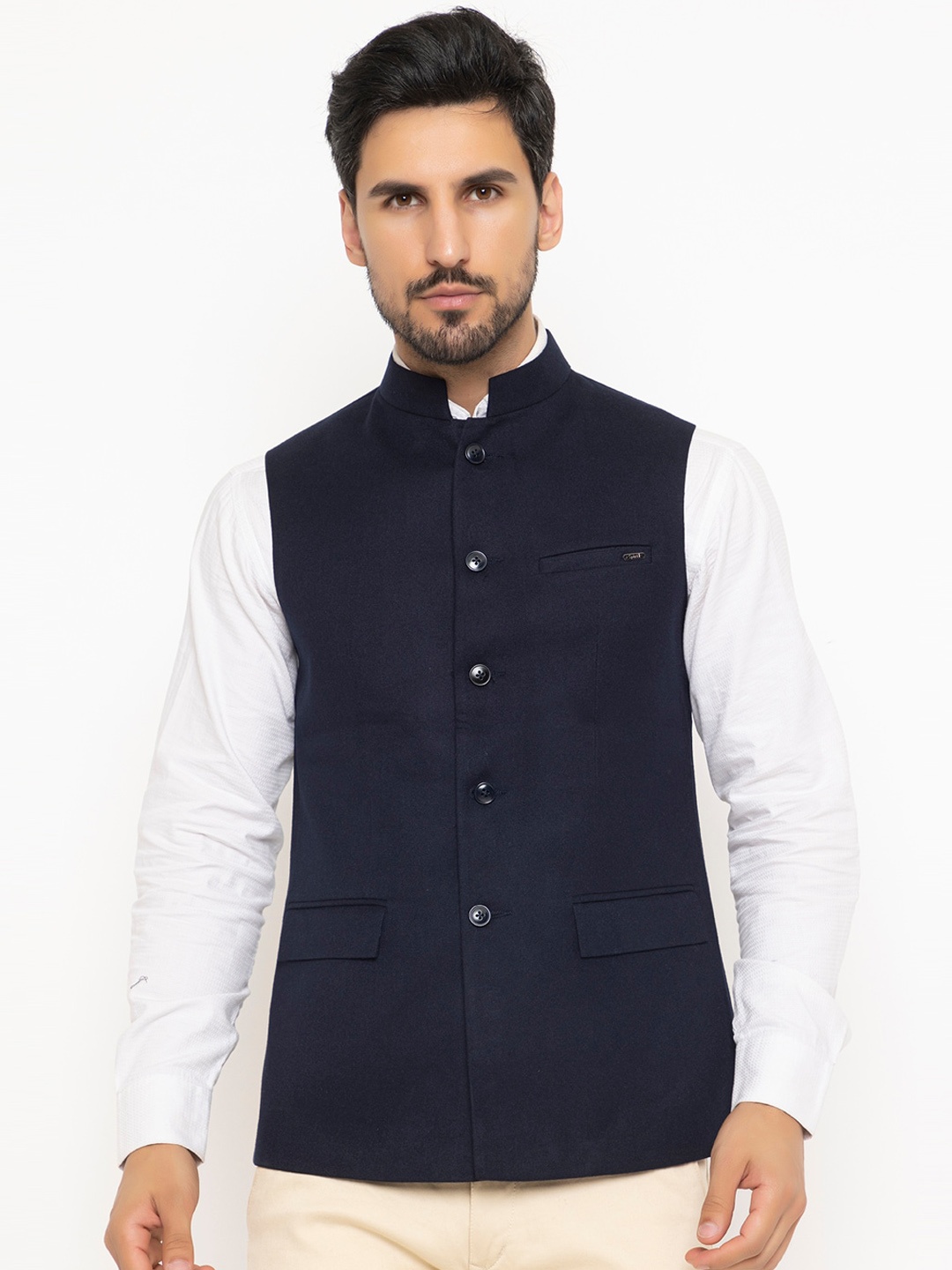 

Spirit Mandarin Collar Nehru Jackets, Navy blue