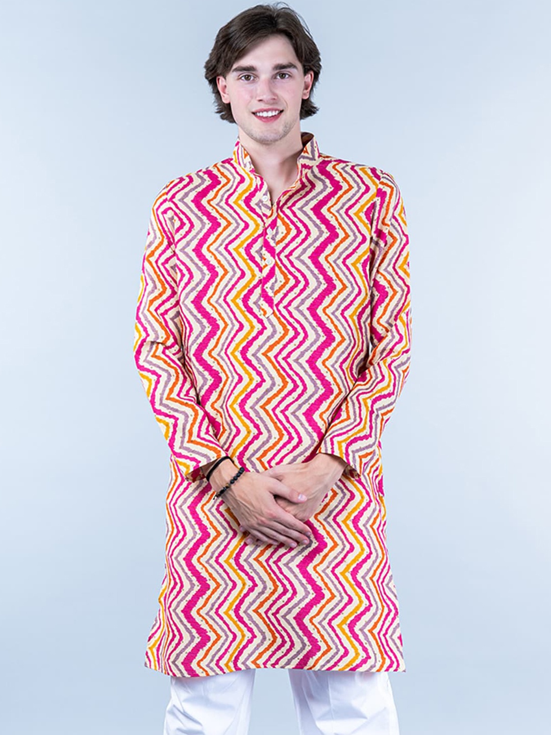 

Tistabene Chevron Printed Mandarin Collar Long Sleeve Cotton Straight Kurta, Pink