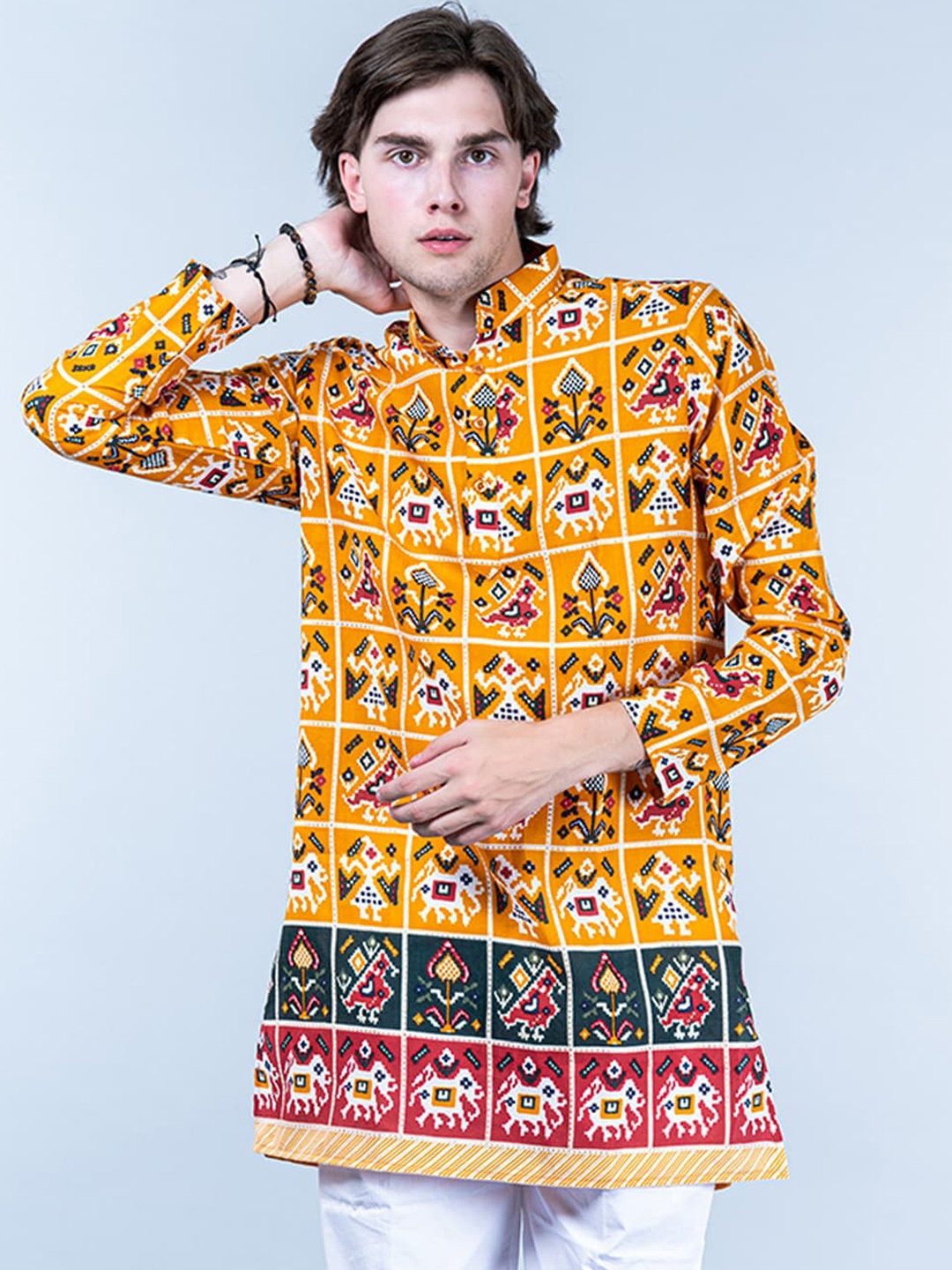 

Tistabene Ethnic Motifs Printed Mandarin Collar Long Sleeve Cotton Straight Kurta, Yellow